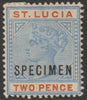 St Lucia 1891 QV die II - 2d overprinted SPECIMEN with gum but large hinge remainder, only about 750 produced SG45s