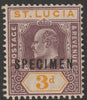 St Lucia 1902 KE7 Crown CA 3d overprinted SPECIMEN with gum, only about 750 produced SG 61s