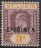 St Lucia 1902 KE7 Crown CA 3d overprinted SPECIMEN without gum, only about 750 produced SG 61s