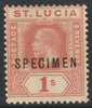 St Lucia 1912-21 KG5 watermark ?? 1s orange-brown overprinted SPECIMEN with gum, only about 400 produced