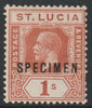 St Lucia 1912-21 KG5 watermark ?? 1s orange-brown overprinted SPECIMEN with gum but small thin, only about 400 produced