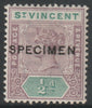 St Vincent 1899 QV Key Plate 1/2d with a forged SPECIMEN overprint with gum