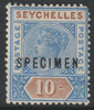 Seychelles 1890 QV Key Plate 10c overprinted SPECIMEN with gum but corner fault, only about 345 produced SG4s