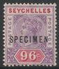Seychelles 1890 QV Key Plate 96c overprinted SPECIMEN with poor gum and only about 345 produced SG8s