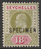 Seychelles 1903 KE7 Key Plate 18c overprinted SPECIMEN with gum, only about 750 produced SG 51s