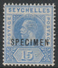 Seychelles 1912 KG5 Key Plate MCA 15c overprinted SPECIMEN with gum, only about 400 produced SG 75s