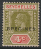 Seychelles 1921 KG5 Key Plate Multiple Script 4c overprinted SPECIMEN with gum, only about 400 produced SG 102s