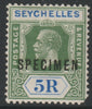 Seychelles 1917-21 KG5 Key Plate watermark ?? 5r overprinted SPECIMEN with gum but corner fault, only about 400 produced