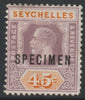 Seychelles 1917-21 KG5 Key Plate watermark ?? 45c overprinted SPECIMEN with gum, only about 400 produced