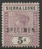 Sierra Leone 1896 QV,Key Plate Crown CA 5d overprinted SPECIMEN with gum, only about 750 produced, SG 48s