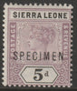 Sierra Leone 1896 QV,Key Plate Crown CA 5d overprinted SPECIMEN with gum large hinge remainder, only about 750 produced, SG 48s