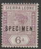 Sierra Leone 1896 QV,Key Plate Crown CA 6d overprinted SPECIMEN with gum large hinge remainder, only about 750 produced, SG 49s