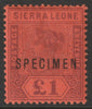 Sierra Leone 1896 QV,Key Plate Crown CA £1 overprinted SPECIMEN with gum, only about 750 produced, SG 53s