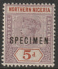 Northern Nigeria 1900 QV,Key Plate Crown CA 5d overprinted SPECIMEN with gum, only about 750 produced, SG 5s