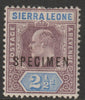 Sierra Leone 1903 KE7,Key Plate Crown CA 2.5d overprinted SPECIMEN with gum, only about 750 produced, SG77s