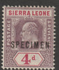 Sierra Leone 1903 KE7,Key Plate Crown CA 4d overprinted SPECIMEN with gum, only about 750 produced, SG79s
