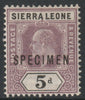 Sierra Leone 1903 KE7,Key Plate Crown CA 5d overprinted SPECIMEN with gum, only about 750 produced, SG80s