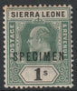Sierra Leone 1903 KE7,Key Plate Crown CA 1s overprinted SPECIMEN with gum but light toning, only about 750 produced, SG82s