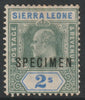 Sierra Leone 1903 KE7,Key Plate Crown CA 2s overprinted SPECIMEN sl soiled gum, only about 750 produced, SG83s