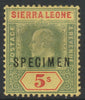 Sierra Leone 1907 KE7,Key Plate MCA 5s overprinted SPECIMEN with gum, only about 400 produced, SG110s