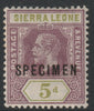 Sierra Leone 1912 KG5,Key Plate MCA 5d overprinted SPECIMEN with gum, only about 400 produced, SG118s