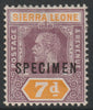 Sierra Leone 1912 KG5,Key Plate MCA 7d overprinted SPECIMEN with gum, only about 400 produced, SG120s