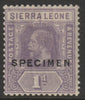 Sierra Leone 1921 KG5,Key Plate Multiple Script 1d overprinted SPECIMEN with gum, only about 400 produced, SG132s