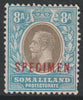 Somaliland 1921 KG5 Multiple script 8a overprinted SPECIMEN without gum and only about 400 produced SG80s