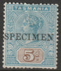 Tasmania 1892 QV 5d overprinted SPECIMEN without gum and only 345 produced SG 218s