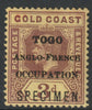 Togo 1916 KG5 - 3d overprinted SPECIMEN with gum and only about 400 produced SG H51s