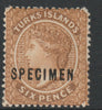 Turks & Caicos Is 1889 6d yellow-brown overprinted SPECIMEN, fine with gum and only about 345,produced SG 59s