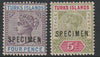 Turks & Caicos Is 1893 QV 4d & 5d overprinted SPECIMEN, fine with gum and only about 730,produced SG 71s-72s