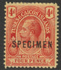 Turks & Caicos Is 1913 KG5 MCA 4d overprinted SPECIMEN,with gum and only about 400,produced SG 134s