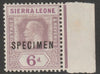 Sierra Leone 1921 KG5,Key Plate Multiple Script 6d overprinted SPECIMEN with gum, only about 400 produced, SG139s