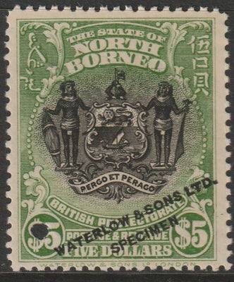 North Borneo 1911 Printers sample of $5 Arms in black & green opt'd 'Waterlow & Sons Specimen' with small security punch hole on ungummed paper (as SG 182)