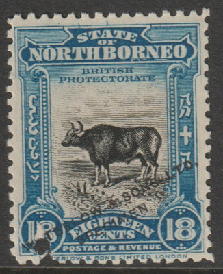 North Borneo 1909 Printers sample of 18c Pictorial in black & blue opt'd 'Waterlow & Sons Specimen' with small security punch hole on ungummed paper (as SG 175)
