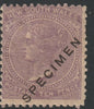 New South Wales 1867 QV,10d lilac overprinted SPECIMEN,with gum but light overall toning, SG Type 34