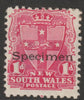 New South Wales 1897 QV,1d carmine overprinted SPECIMEN,with gum but thinned SG Type 62