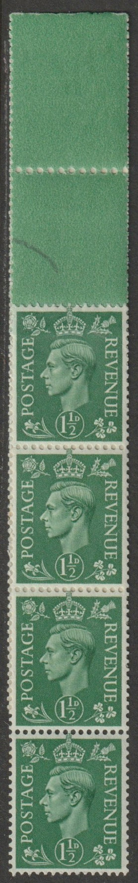 Great Britain 1951 KG6 New Colours 1.5d pale green a fine unmounted mint coil end with 4 stamps attached