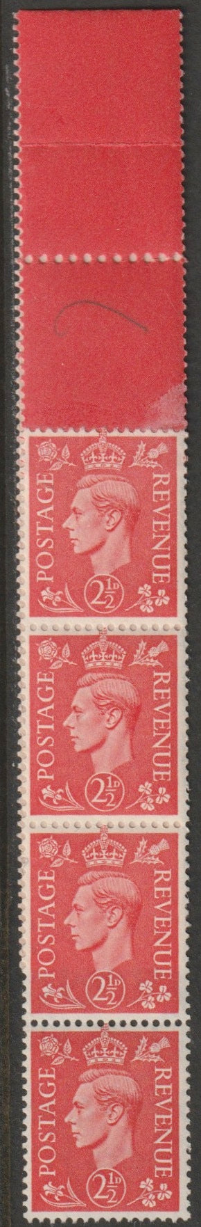 Great Britain 1951 KG6 New Colours 2.5d pale scarlet a fine unmounted mint coil end with 4 stamps attached