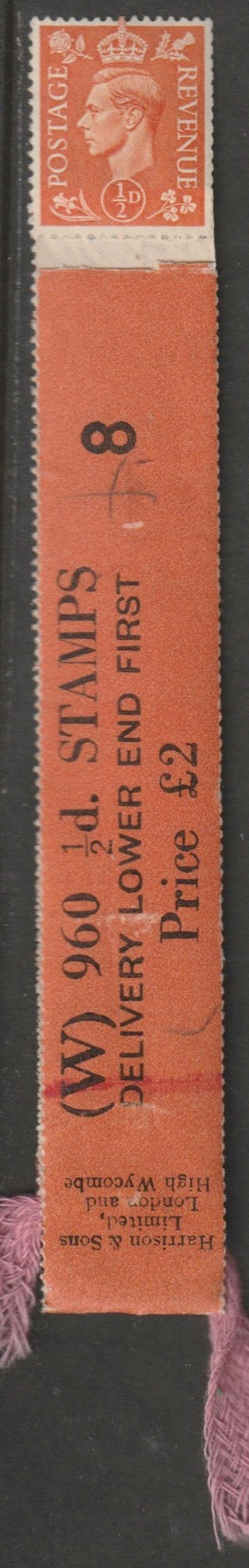 Great Britain 1951 KG6 New Colours 1/2d pale orange a fine unmounted mint coil (W) leader,(8) with 2 stamps attached