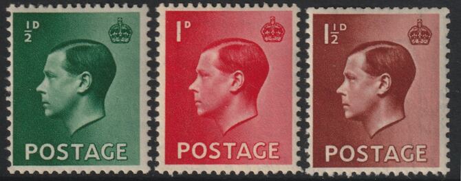 Great Britain 1936 KE8,1/2d, 1d & 1.5d with inverted wmk lihjtly mounted mint