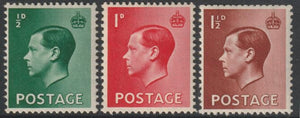 Great Britain 1936 KE8,1/2d, 1d & 1.5d with inverted wmk lihjtly mounted mint