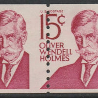 United States 1965 Wendell Holmes (writer) 15c mint coil pair with 4mm shift of vertical perfs