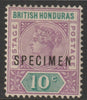 British Honduras 1895 QV 10c overprinted SPECIMEN with Split P variety (position 29) with gum