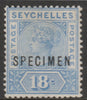 Seychelles 1897 QV 18c overprinted SPECIMEN with Split P variety (position 29) without gum