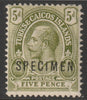 Turks & Caicos Islands 1916 KG5 5d overprinted SPECIMEN with Split P variety (position 29) with gum