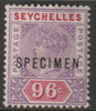 Seychelles 1890 QV 96c overprinted SPECIMEN with Spur on M variety (Occurs in positions 5, 23, 53 & 59) with gum