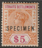 Malaya - Straits Settlements 1898 QV $5 overprinted SPECIMEN with Spur on M variety (Occurs in positions 5, 23, 53 & 59) with gum