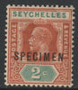 Seychelles 1921 KG5 2c overprinted SPECIMEN with Short Topped N variety (Position 54) with gum